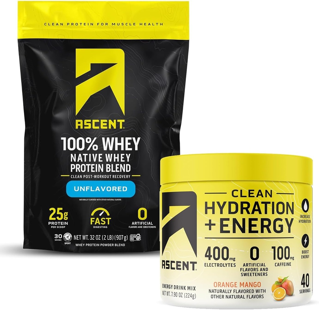 Stijgen 100% Wei Proteïne Poeder, Unflavored 2 lb & Hydration + Energy Electrolytes, Orange Mango 40 Servers