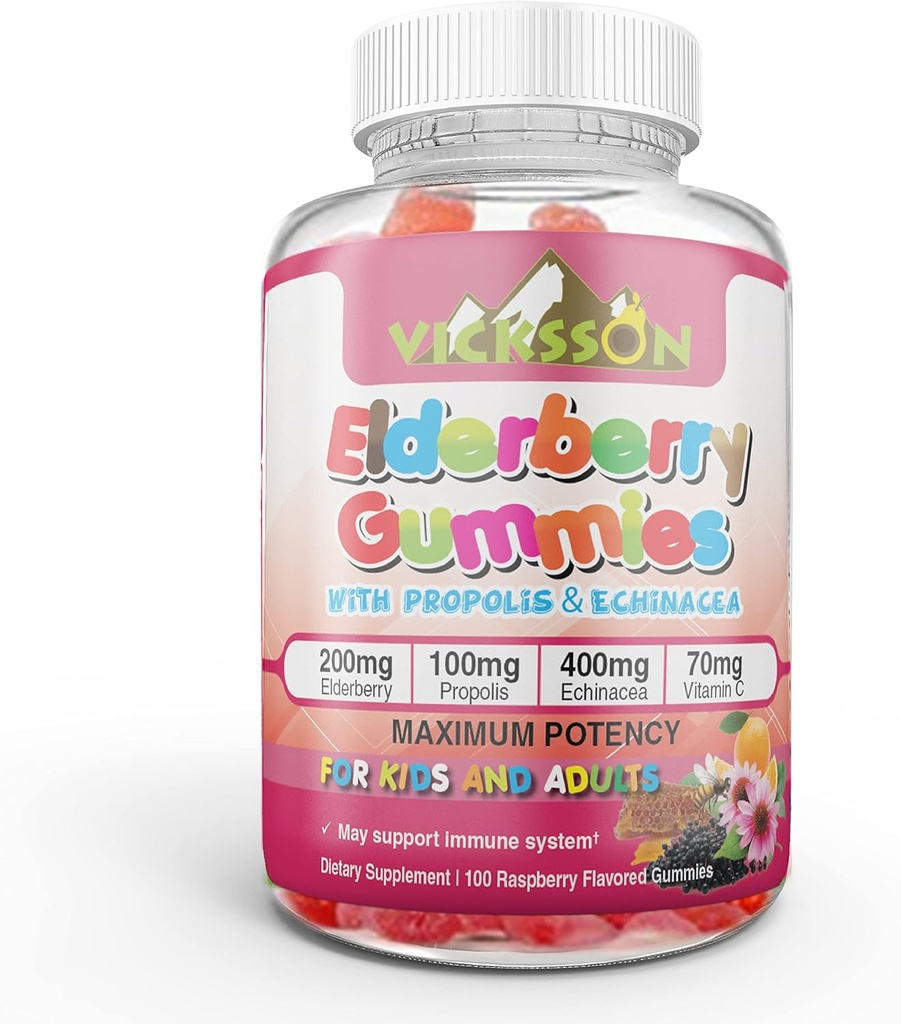 Zwarte Sambucus Vlierbessen Gummies met Propolis & Echinacea + Vitamine C Antioxidant Flavonoïden Immuunsysteem Booster voor Kid & Adult Vegan Vriendelijk Gearomatiseerd Raspberry. Aantal