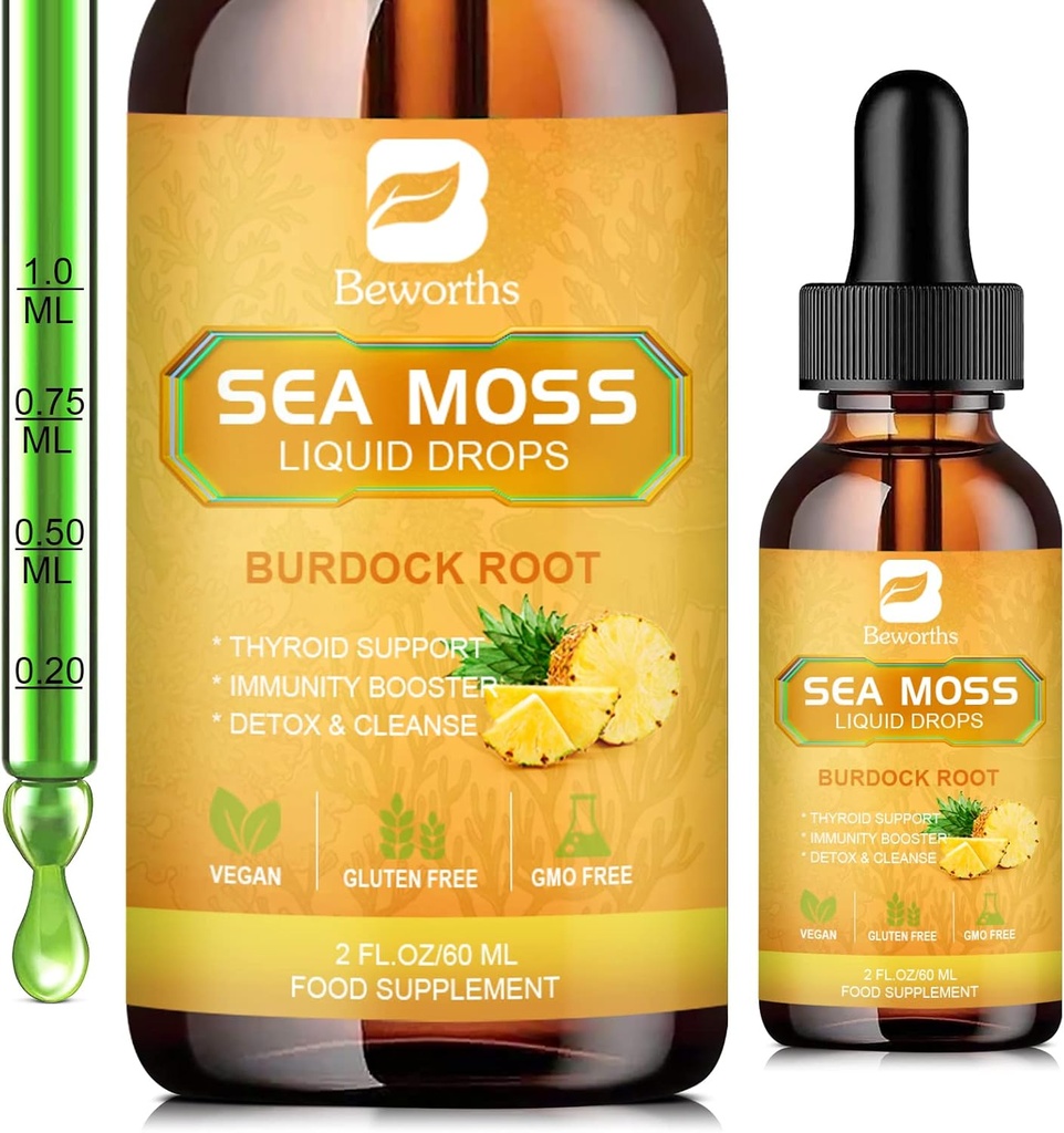 Sea Moss Liquid Drops - Organische Ierse Zee Moss Gel met Spirulina, Bladderwrack, Burdock Root, Pinapple Seamoss Gel Supplement voor Joint, Detox Cleanse & Digestie Ondersteuning - 2 Fl Oz, Vegan