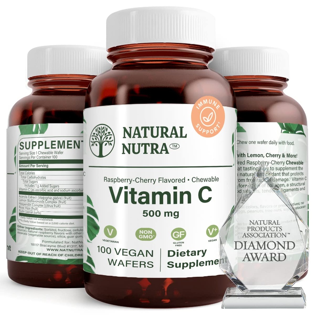 Natuurlijke Nutra vitamine C supplement voor kinderen en volwassenen, Immune Booster, helpt Bone Health, Bescherm huid en hart gezondheid, plantaardige bron, 500 mg, 100 Vegan Wafers
