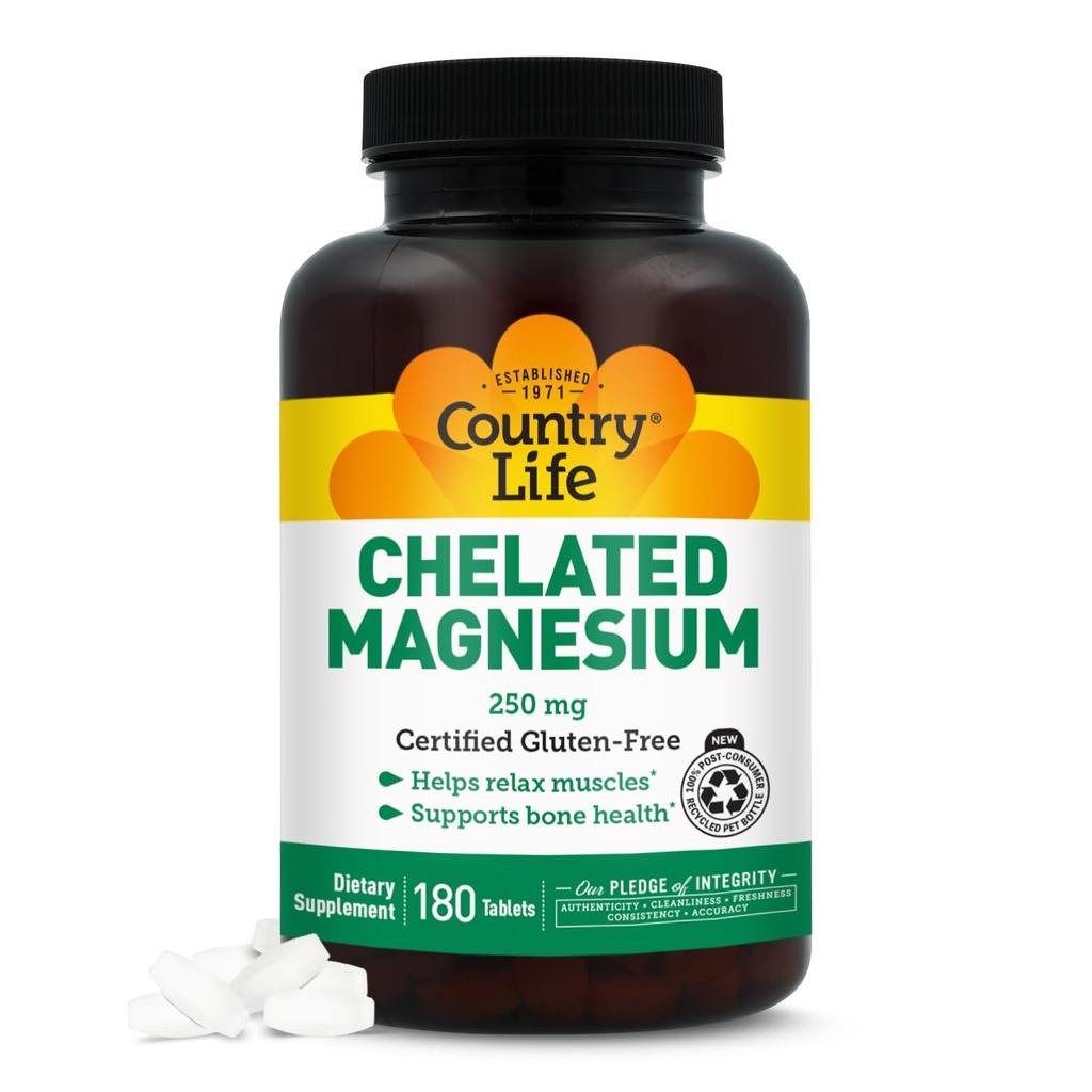 Country Life Chelated Magnesium 250mg - Supports Heart, Bone & Muscle Health, Vegan-Friendly Magnesium Supplement with Magnesium Oxide and Amino Acid Chelate, Gluten-Free