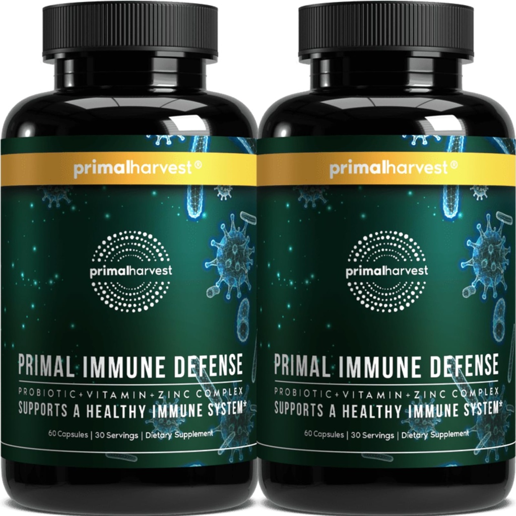 Primal Oogst Primal Immuun Verdediging: 10-in-1 Immuun Ondersteuning met Probiotica, Zink, Vitaminen C, B6, D3 & K2, Immuun Booster voor Volwassenen 60 Capsules (2-pack)