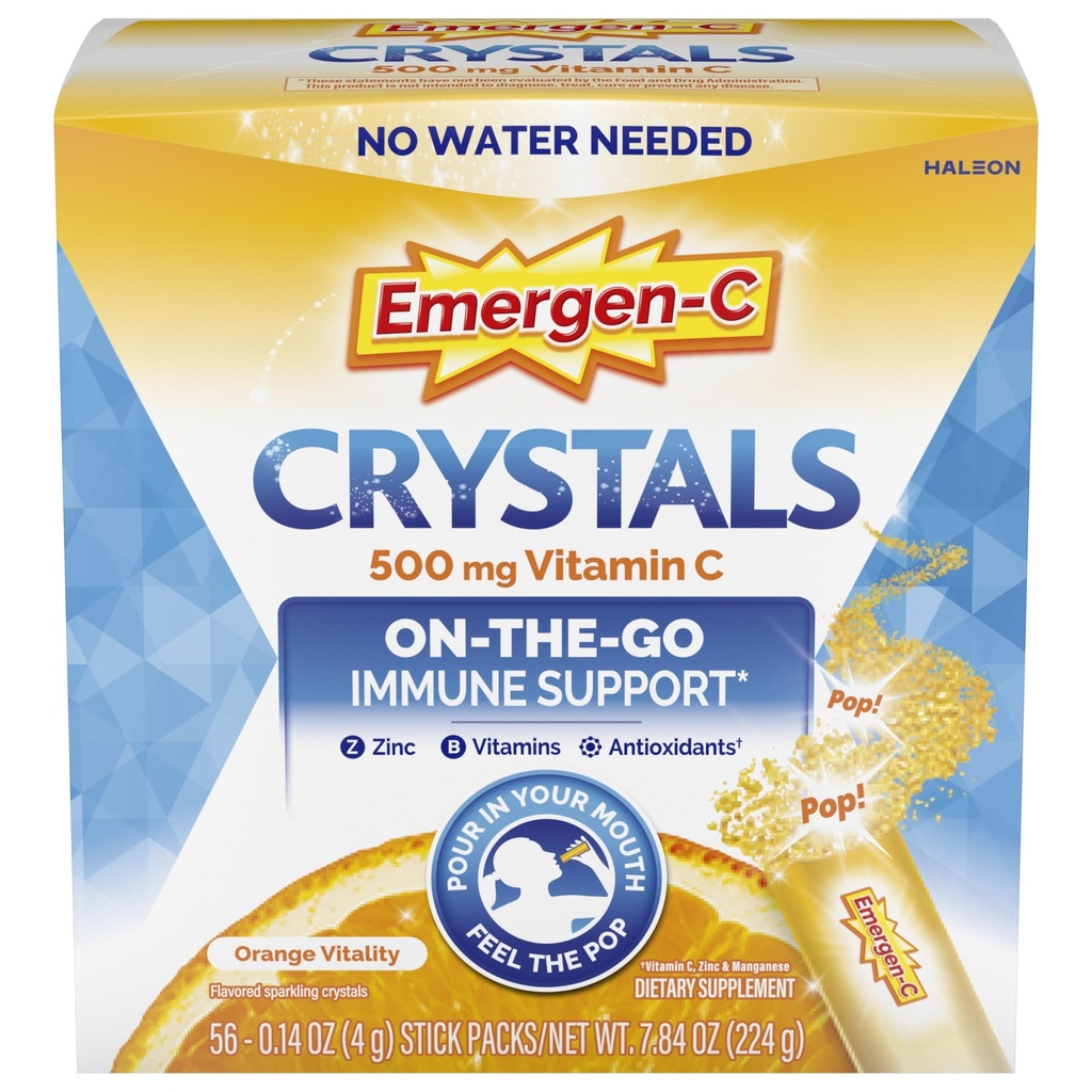 Emergen-C Crystals, On-the-Go Emergen-C Immuun Support Supplement met Vitamine C, B Vitaminen, Zink en Mangaan, Oranje vitaliteit - 56 Stick Packs