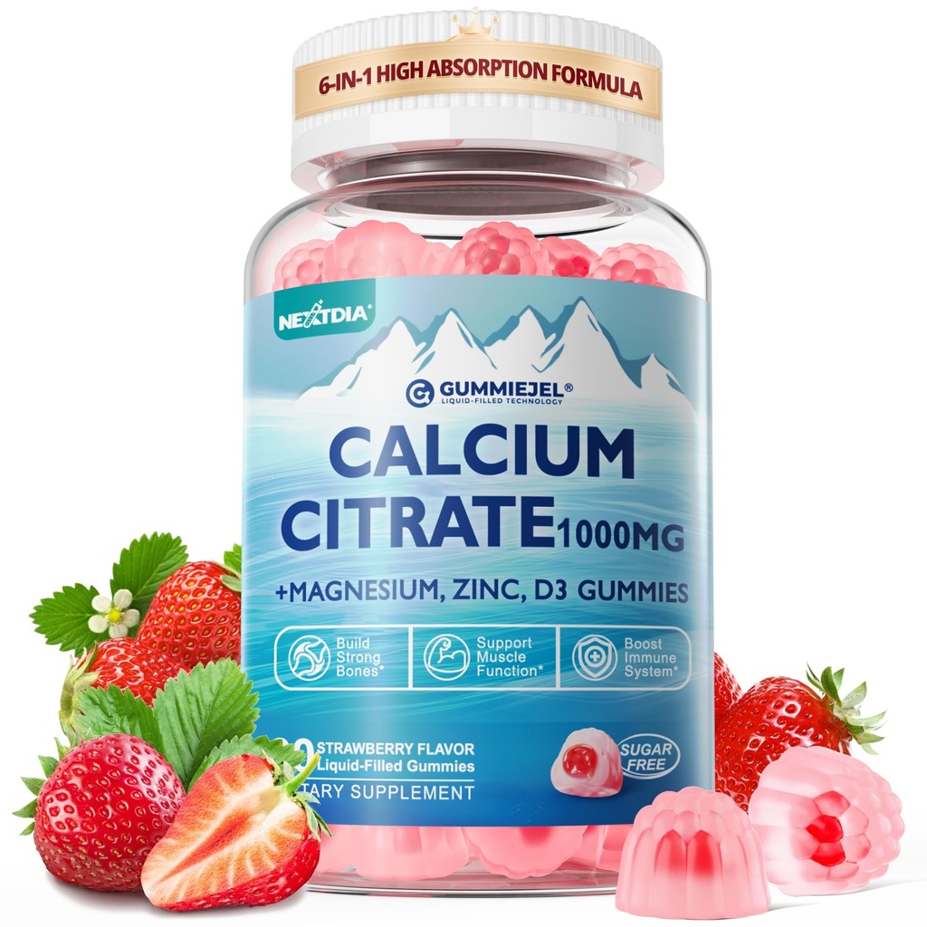 Calcium citraat supplement 1000mg voor vrouwen en mannen, 6-in-1 Calcium Magnesium zink Gummies + vitamine D3, B6 & Kalium hoge absorptie voor botten, tanden, spier & nerve gezondheid, veganist, suikervrij,60Cts