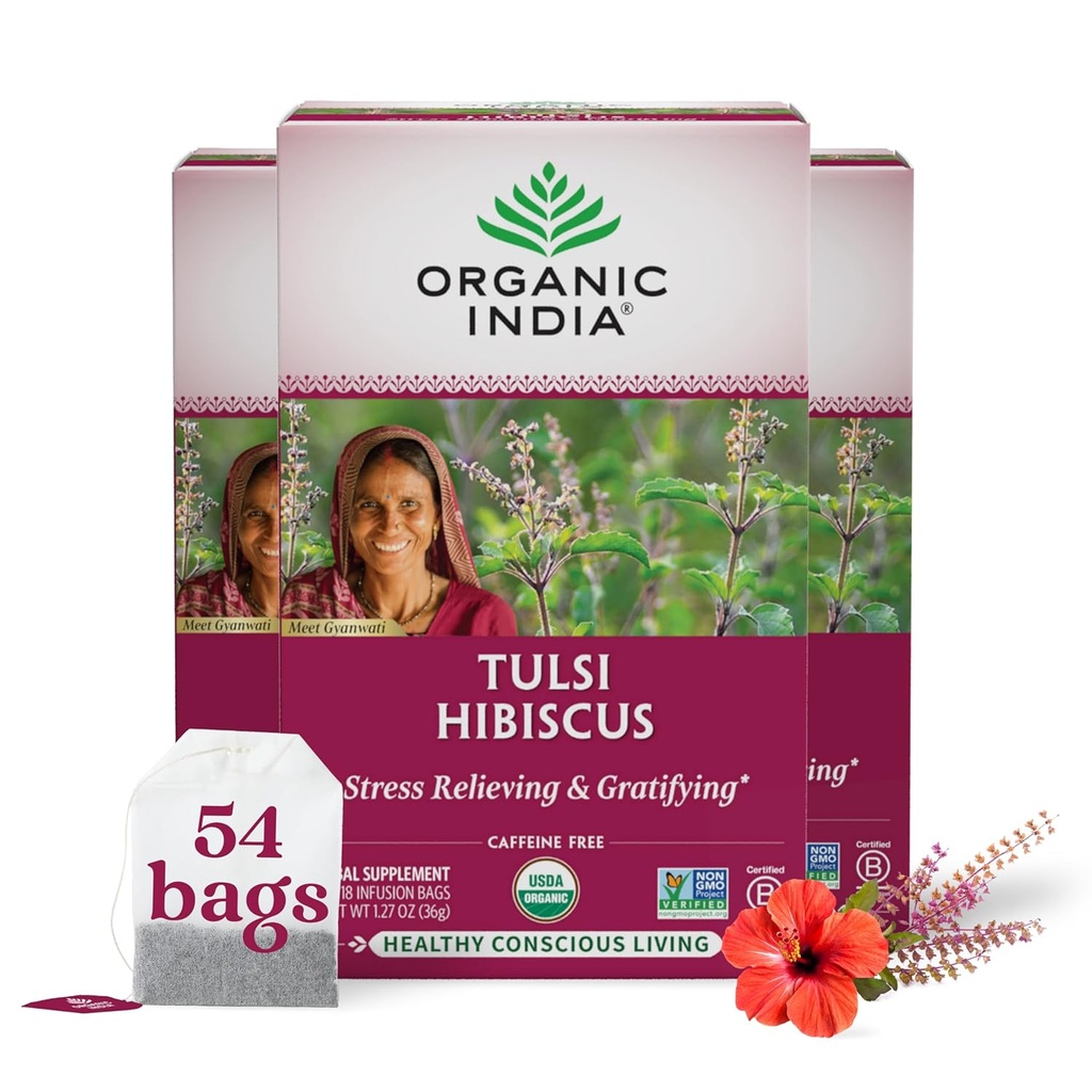 ORGANISCHE INDIA Tulsi Hibiscus Theezakjes - Holy Basil Kruidenthee, Stress Relieving, Kalmerend, Immune Support, USDA Organic, Cafeine Free -18 Bags, 3 Pack