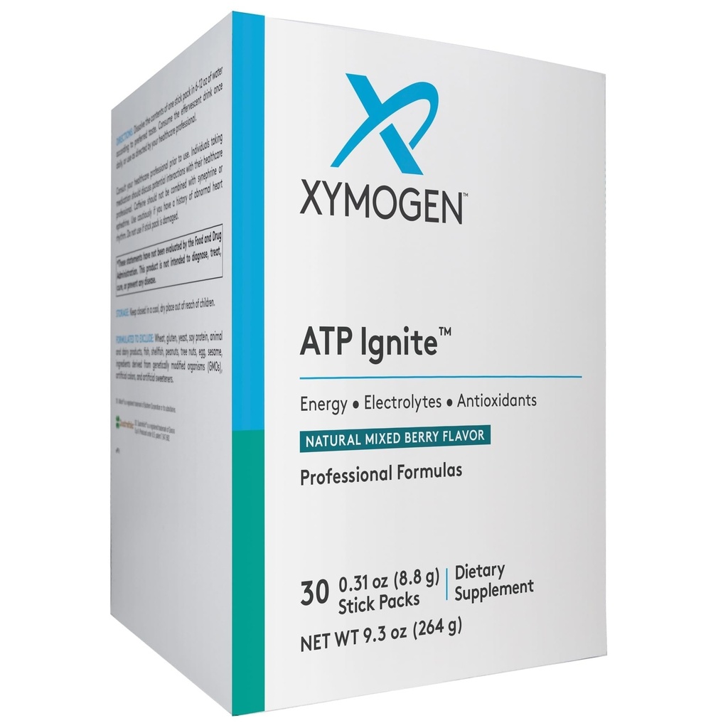 XYMOGEN ATP Ignite Revitaliserende Energie Drinkpoeder - Ondersteunt Electrolyte Vervanging + ATP Biosynthese met Antioxidanten, Aminos, Vitaminen, Elektrolyten + 95mg Cafeïne (30 gemengde Berry Stick Packs)