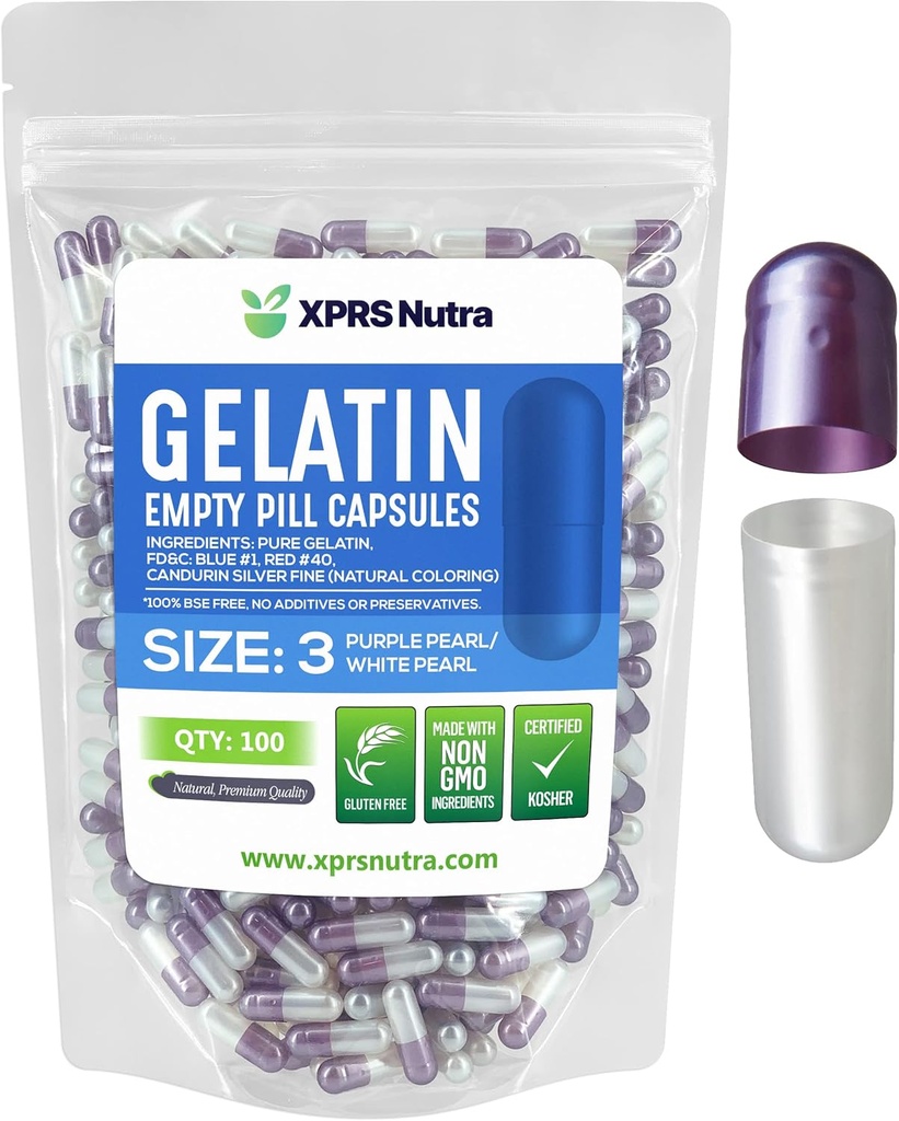 XPRS Nutra Maat 3 Lege Capsules - 100 Telle Lege Gelatine Capsules - Pillen DIY Capsule Vulling - Pure Bovine Pill Gel Caps for Do-It-Yourself Supplements (Parel Paars/Wit)