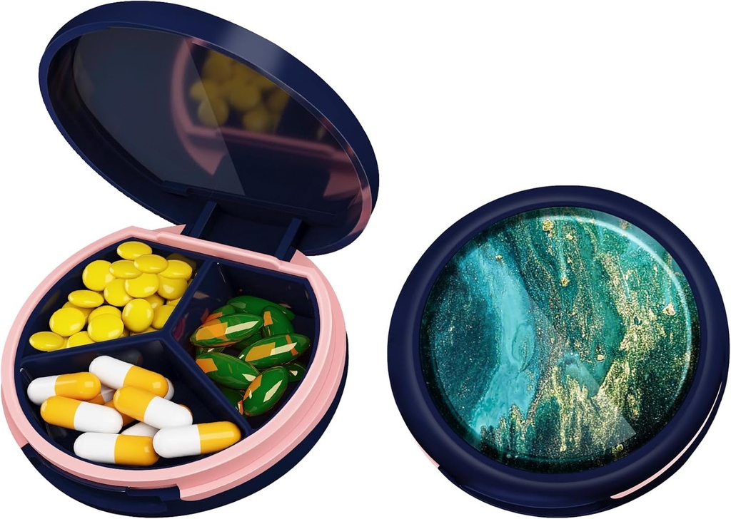 Serfeymi Small Pill Box - 3 Compartments Portable Pill Box for Purse Pocket, Compact Mini Travel Pill Case - Geschikt voor medicijnen, vitamine, visolie, supplementen - Donkerblauw(Emerald Tide)