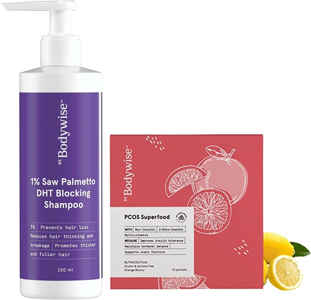 Metrol Be Bodywise PCOS Superfood 15 Sachets en 1% Saw Palmetto DHT blokkeren Shampoo voor vrouwen 250 ml 