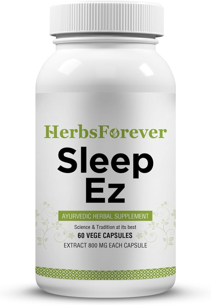 Herbsforever Sleep Ez (Sleep Ease) (Ayurvedic Herbal Formulation) for Relaxation of Mind, Body and Assistance of Blissful Sleep Pattern, 60 vege Capsules, 800 mg Each Concentrated Extract