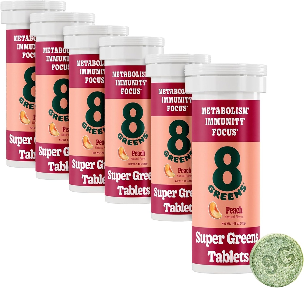 8Greens Supergreens Tablets | Super Greens Powder Superfood, Metabolism Immunity & Focus, Daily Greens Effervescent Tablets, Organic: Aloe Vera, Spirulina, Chlorella, Peach, Tube 60 Servings.