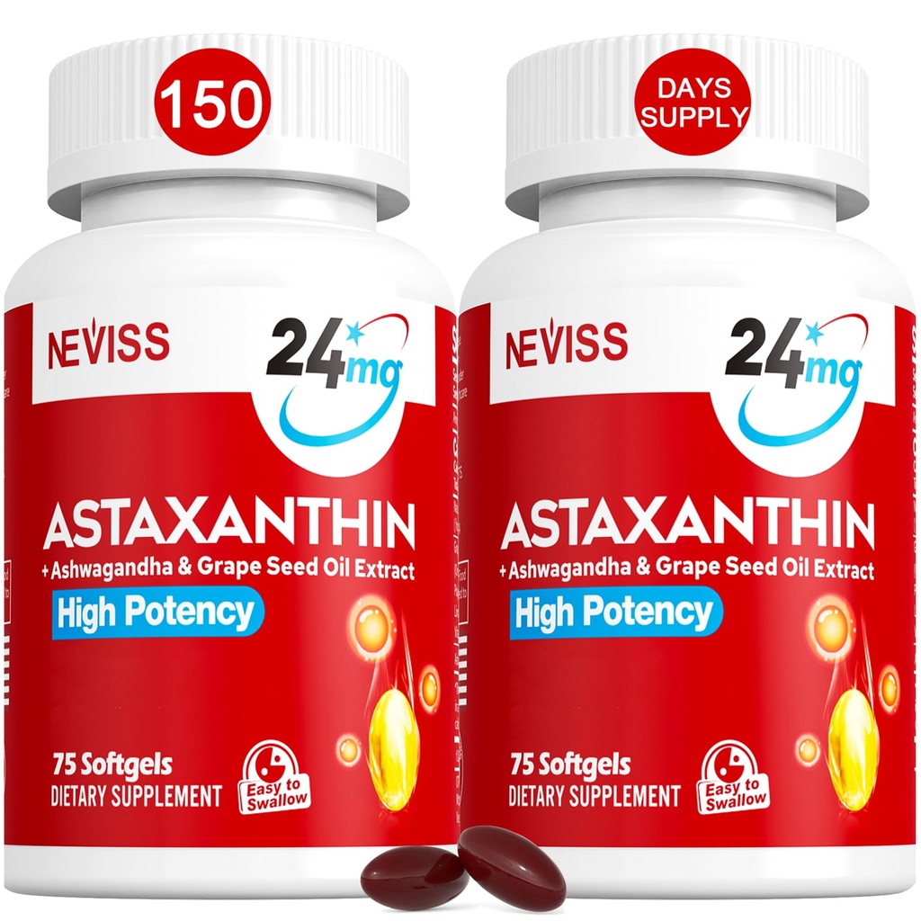 Astaxanthine Supplementen 24mg, 5 maanden levering - kokos MCT Olie, verse microalgen Bron w/Grape Seed Oil, Ashwagandha - Antioxidanten voor gezonde huid, ogen, Veroudering - Niet-GMO & Glutenvrij, 150 Softgels