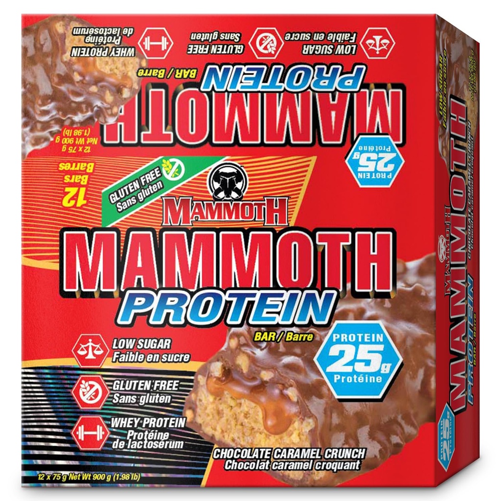 MAMMOTH Proteine Bar, Chocolate Peanut Butter Crunch, 25g Proteïne, Lage Suiker, Lage Carb, Glutenvrij, 12 x 65g (12 telling) (Chocolate Peanut Butter Crunch) (12 telling, Chocolade Caramel Crunch)