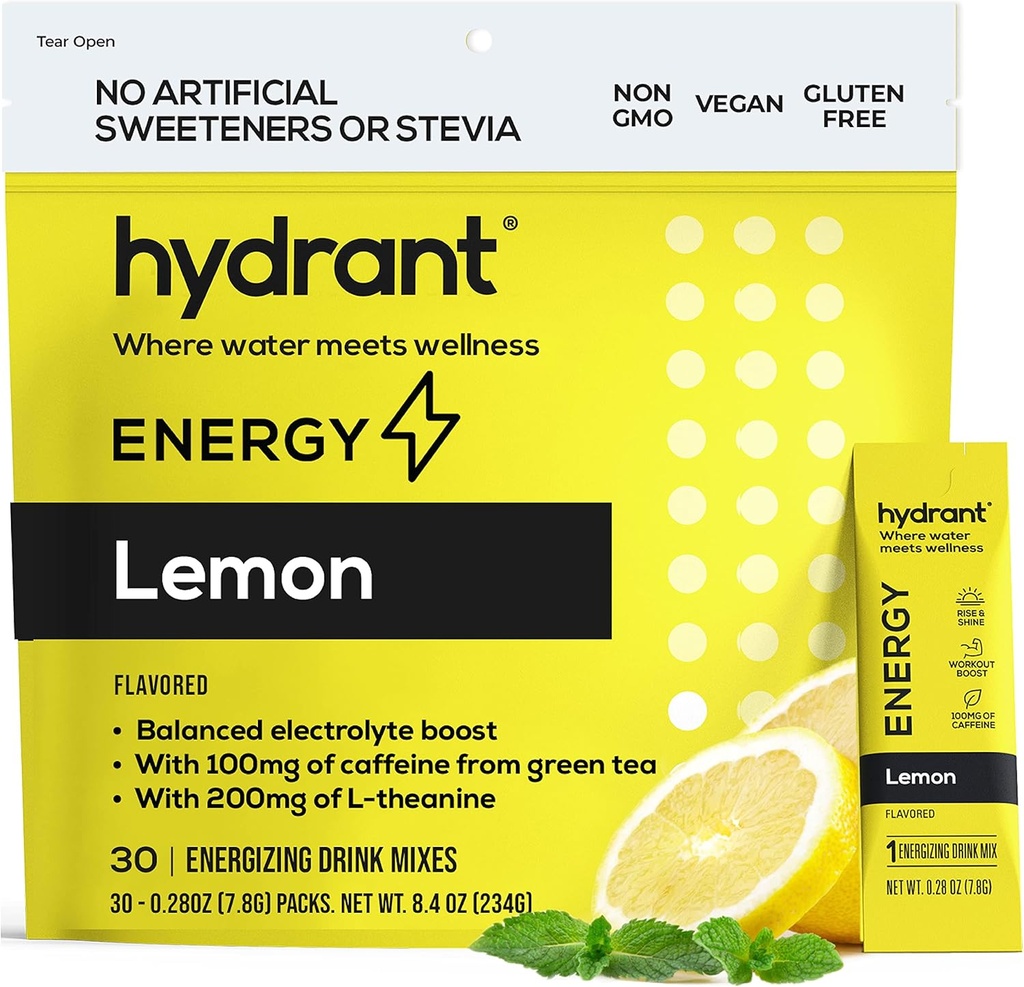 HYDRANT energie Citroen smaak 30 Stick Pack, Cafeïne & L-Theanine Rapid Hydration Mix, Electrolyte Hydration Powder Packets met zink