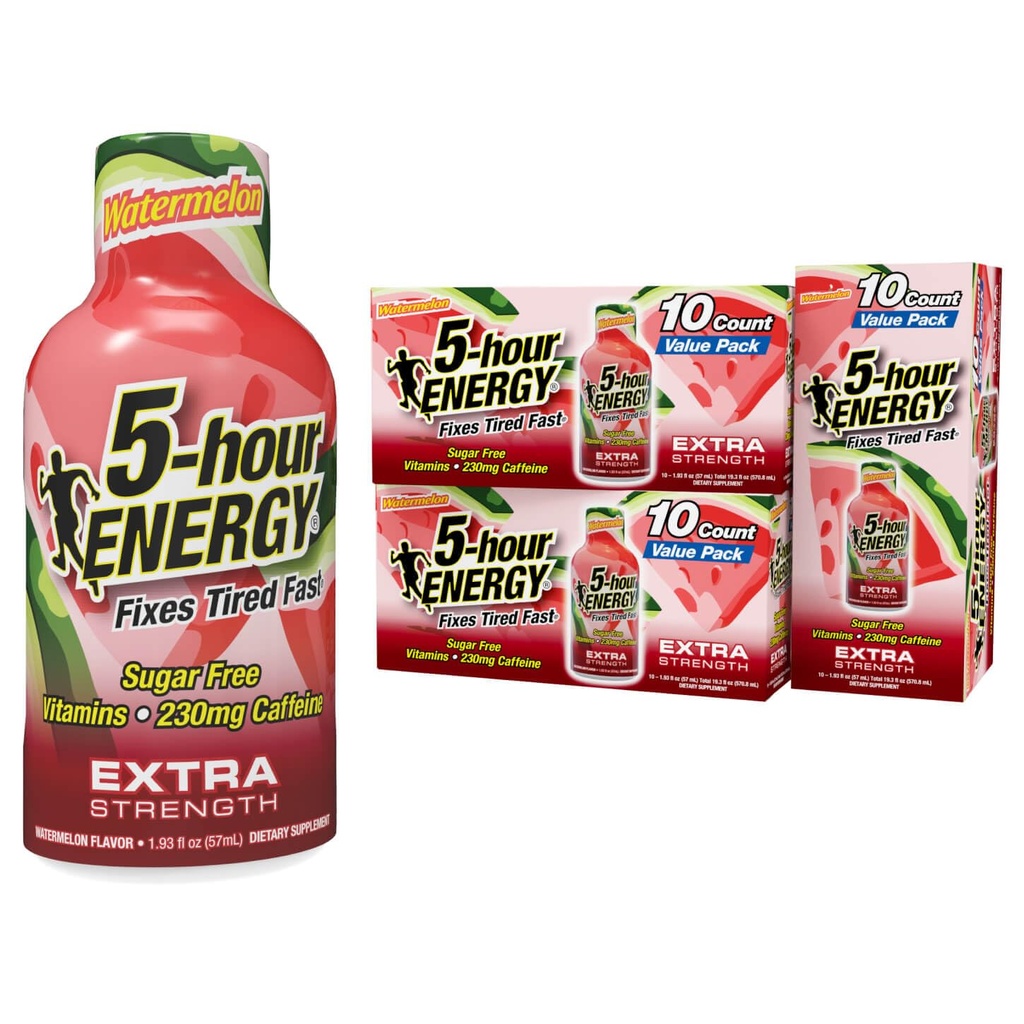 5-uurs ENERGIE Extra sterkte energieschot, watermeloen smaak, 1,93 oz., 30 Telling, Zero Calorieën & Sugar-Free 230 mg Cafeïnated Energy Shot, Aminozuren & B Vitaminen, Dieetsupplementen