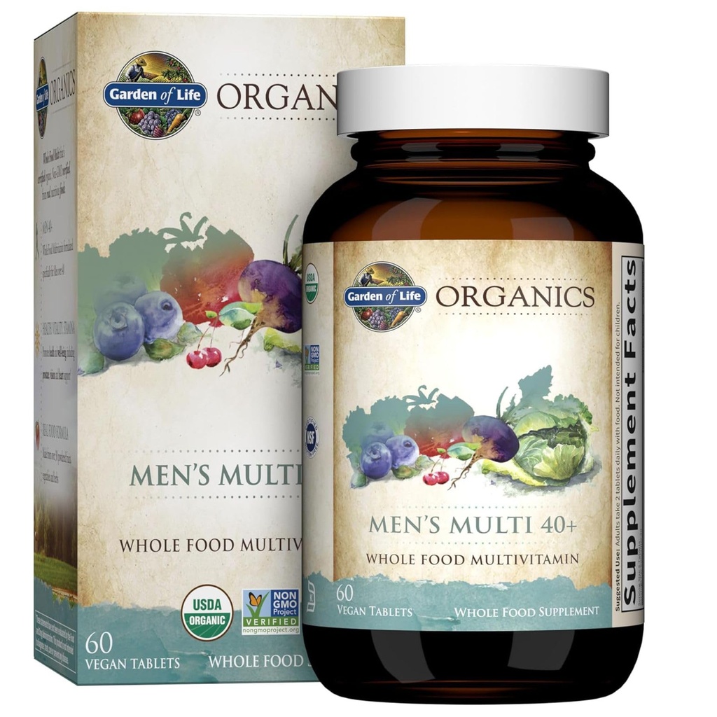 Tuin van het leven Organics Whole Food Multivitamine voor mannen 40+, 60 tabletten, Vegan Heren Multi voor de gezondheid, Well-Being Certified Organic Whole Food Vitamines, Mineralen voor mannen boven 40, Heren Vitaminen