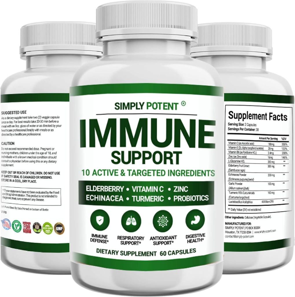 Immuun Support Supplement, 10 in 1 Immuun Booster Blend van Vlierbes, Vitamine C, Zink, Echinacea, Kurkuma, Probiotica & Antioxidanten voor Immuun Verdediging, Ademhalingsstelsel & Digestieve Gezondheid, 60 Pillen