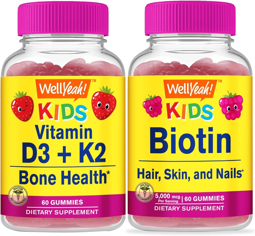 WellYeah Vitamine D3+K2 Kids + Biotin Kids, Gummies Bundle - Grote Proeverij, Vitamine Supplement, Glutenvrij, GGO-vrij, Kauwbare Gummy