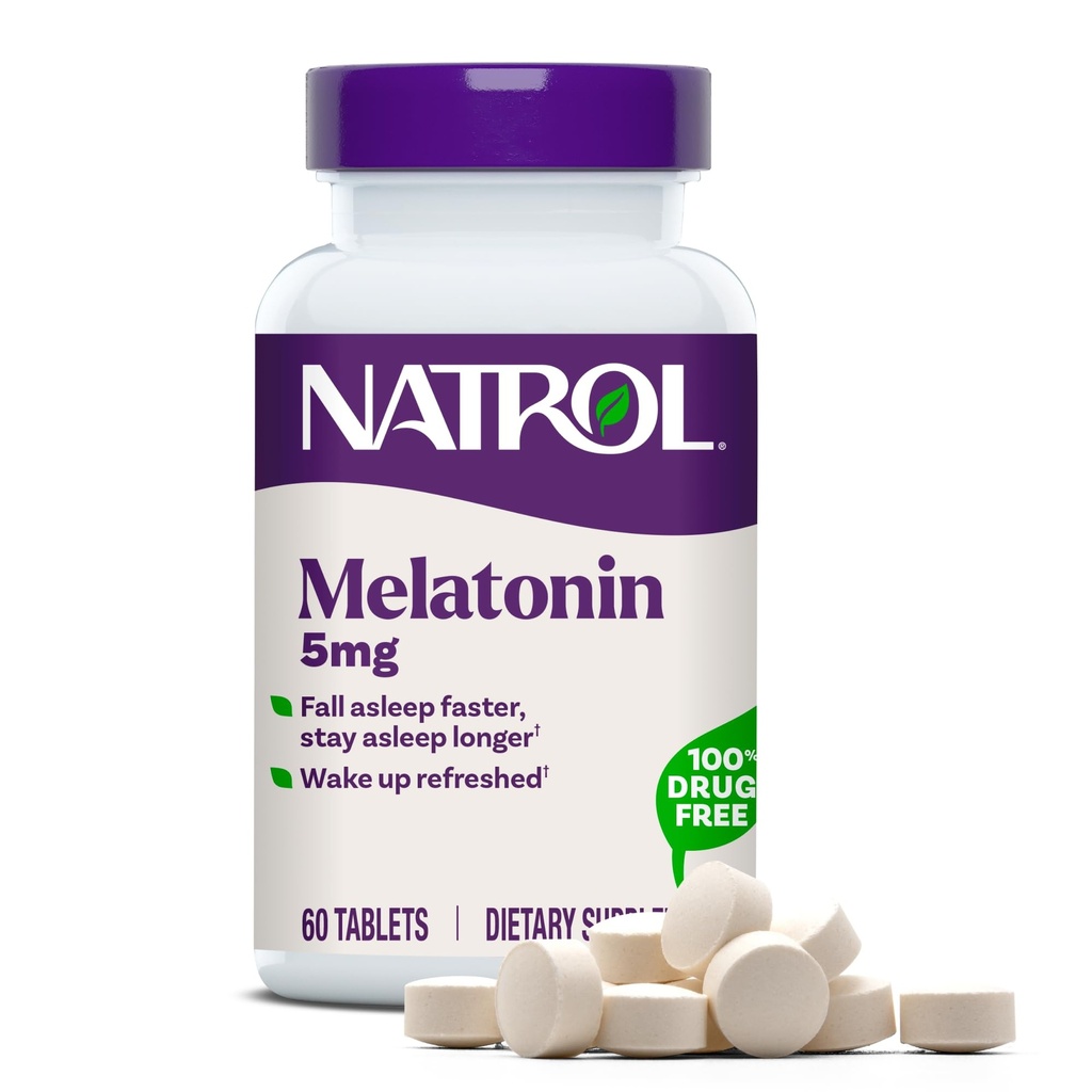 Natrol Melatonine 5 mg, Dieetsupplement voor rustgevende slaap, Slaapsupplementen voor volwassenen, 60 Melatonine tabletten, 60 dagen Supply