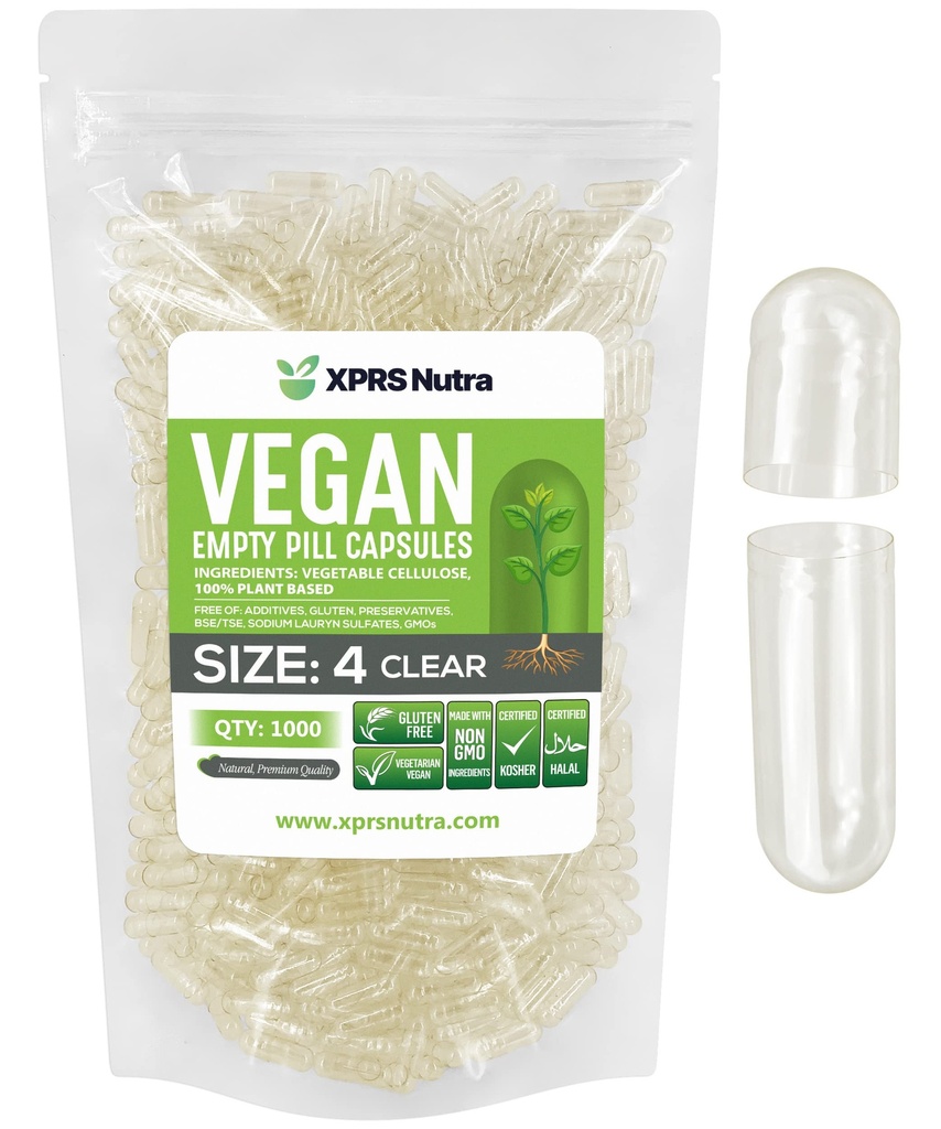 XPRS Nutra Maat 4 Lege Capsules - 1000 Tel Kleine Heldere Lege Vegan Capsules- Vegetarische pillen - DIY plantaardige Capsule vullen - Vulbare Do-It-Yourself Veggie Caps voor supplementen