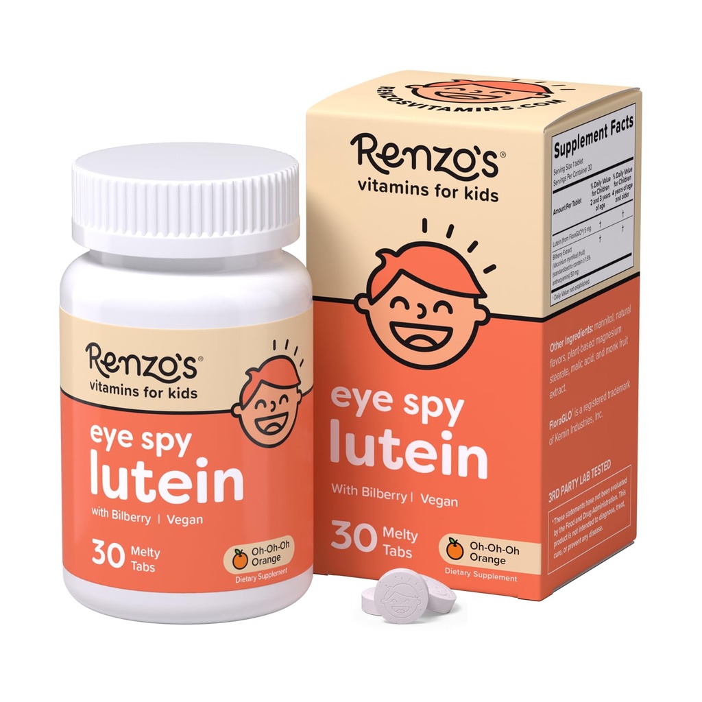 Renzo's Eye Spy Lutein met bosberry Extract, Oplosbare Kids Vitaminen voor Eye Health, Suikervrije Supplementen, 30 Orange-Flavored Melty Tabs