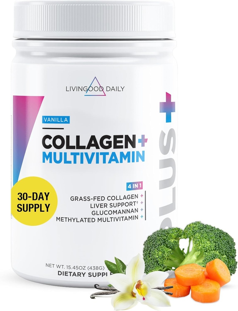Livingood Daily Collageen Powder for Women and Men, Vanille, Grass Fed Protein, Gehydrolyseerde Collageen Peptiden met vitamine C & Multi Vitaminen voor haar, huid, Nagel & Gut Health, Glutenvrij, 30 porties