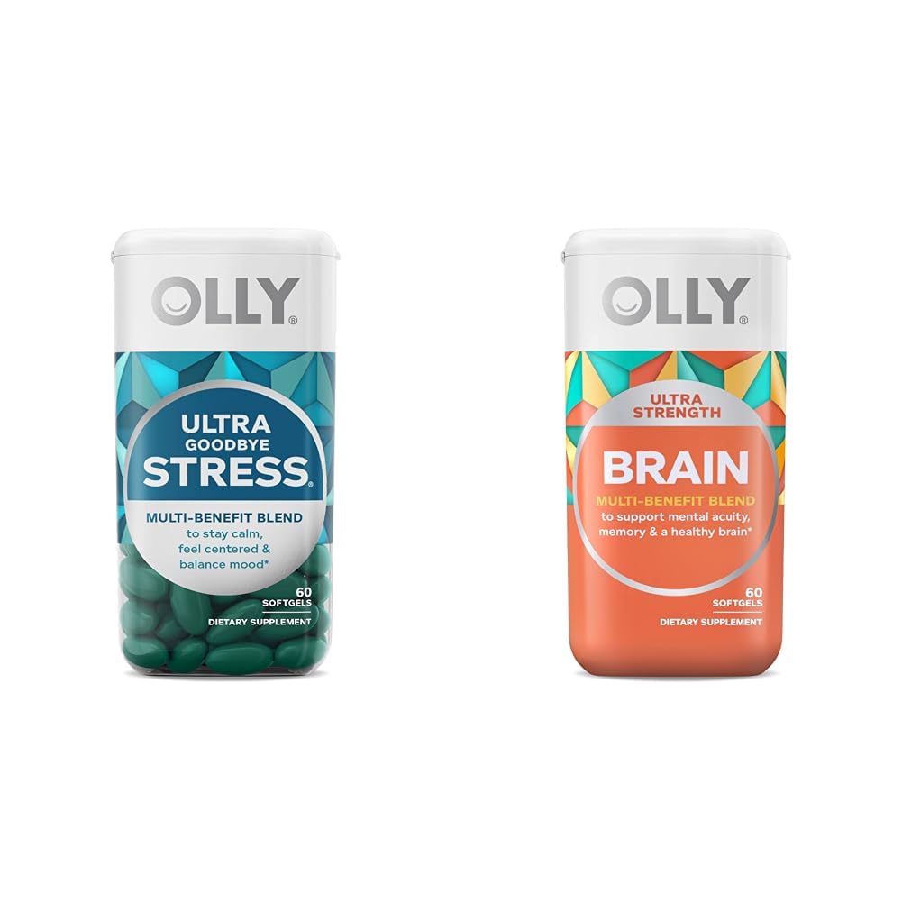 OLLY Ultra Sterkte Vaarwel Stress Softgels, GABA, Ashwagandha, L-Theanine en Lemon Balm & Ultra Strength Hersen Softgels, Nootropic, ondersteunt gezonde hersenfunctie, geheugen