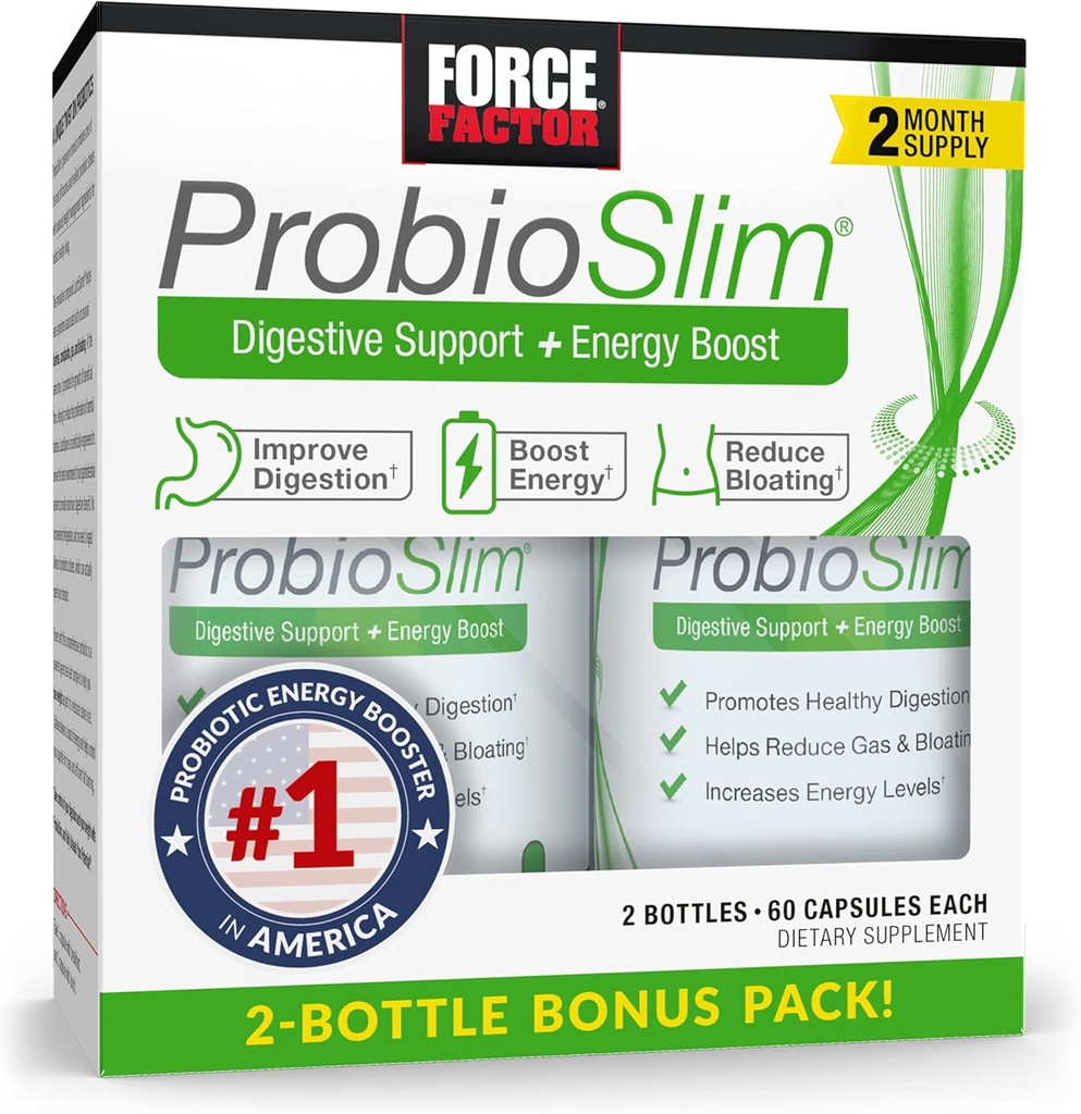 FORCE FACTOR ProbioSlim Probiotic Supplement voor vrouwen en mannen met Probiotica en Green Tea Extract, Verminder gas, opgeblazen gevoel, Constipatie, Ondersteuning Digestieve en Gut Health, 120 Capsules (Twin Pack)