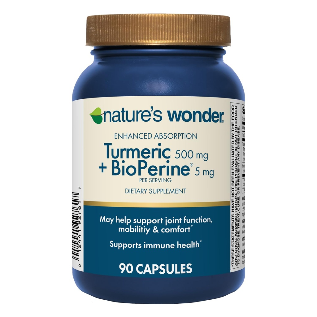 Nature's Wonder Turmeric Supplement met BioPerine - Enhanced Absorptie Turmeric Complex 500mg met BioPerine 5mg voor gezamenlijke functie, mobiliteit en comfort, 90 Vegetarische Turmeric Capsules