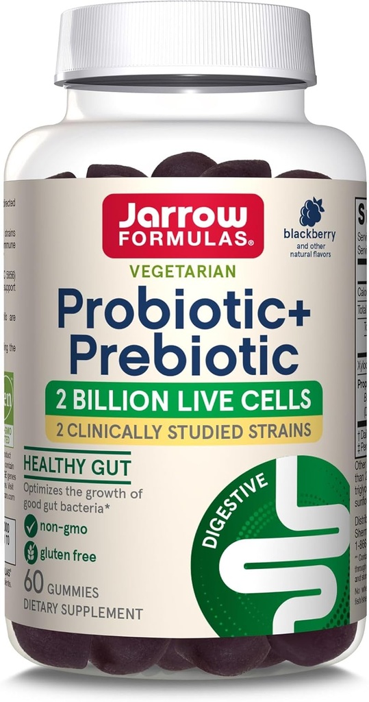 Jarrow Formules Probiotic+ Prebiotic Dietary Supplement, Digestieve Gezondheid, Gut Flora+Immune Health - 2 miljard CFU - 2 Klinisch bestudeerde strepen - 60 Gummies - Blackberry Flavor