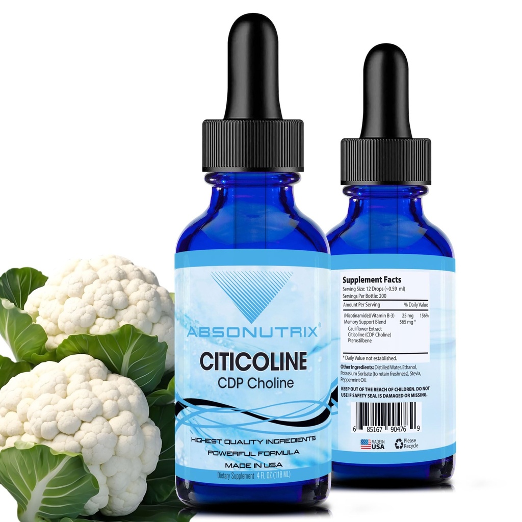Absonutrix Citicoline 590 mg, 4 Oz fles, 200 porties, Made in USA, Quick Absorptie, Quality Potent Ingredients, Non-GMO, GMP Certified, Cruelty-Free Products