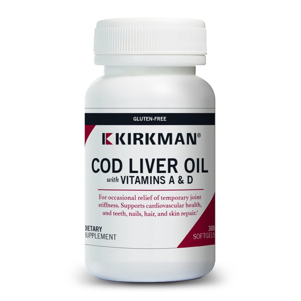 Kirkman - Koolleverolie met vitamine A & D - 300 Softgels - Essentiële vetzuren - Ondersteunt Stichtingsgezondheid - Hypoallergeen
