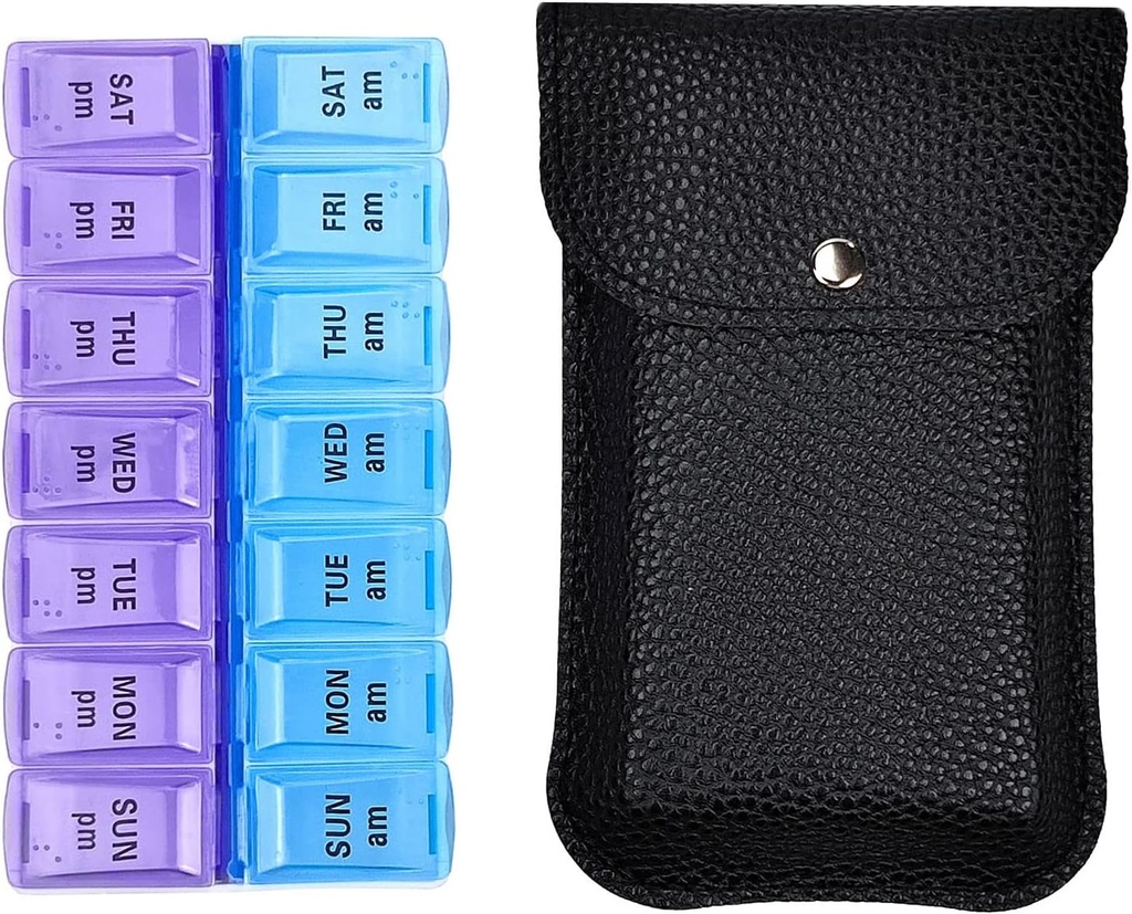 VOFOON Travel Pill Organizer 2 keer per dag, Large AM PM Pill Organizer 7 Dag, PU Lederen Daily Pill Box Case, Weekly Pill Medicine Organisator voor Vitaminen Geneeskunde Visolie Supplementen (L grootte)