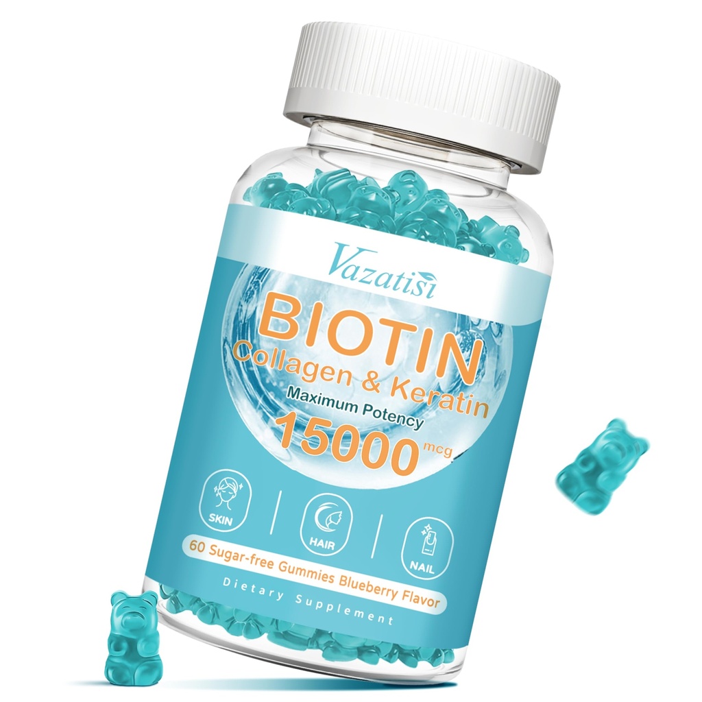 Biotine en Collageen Gummies met B12, Hair Skin en Nails Vitaminen Gummy's voor haargroei, gloeiende huid en sterke nagels - Blueberry Flavor, Sugar Free, 60 Ct