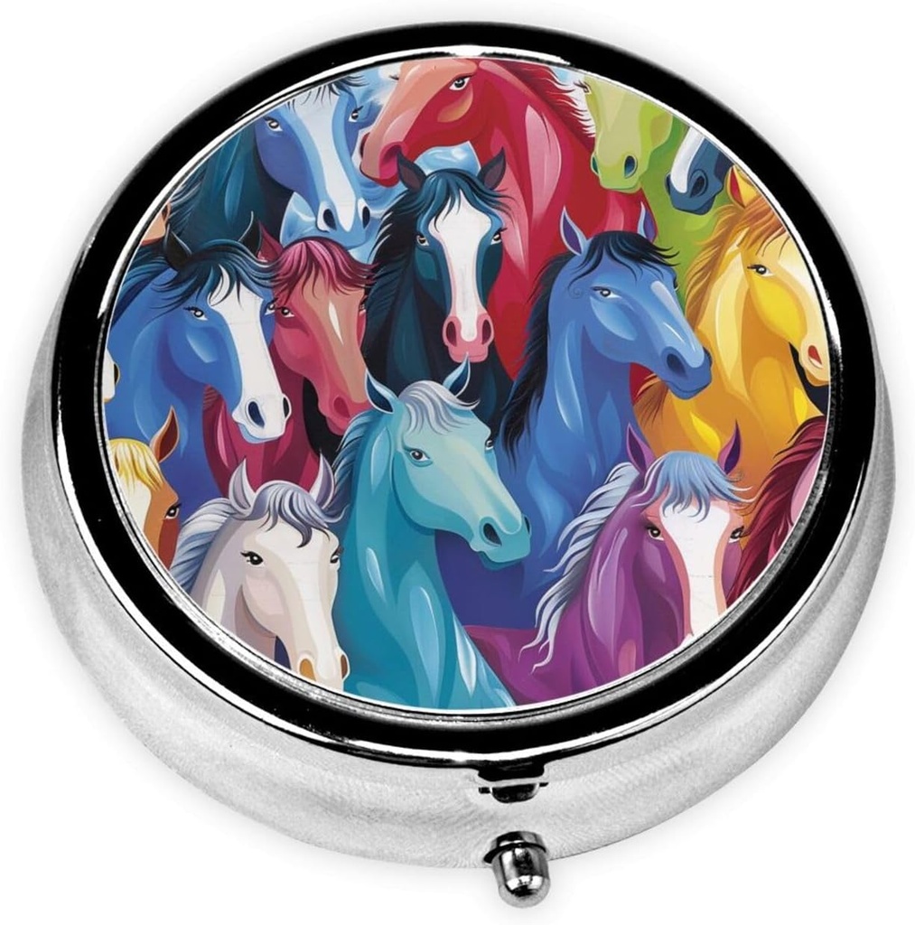 Kleurrijke cartoon paarden Gedrukte ronde pil Organisator met 3 afdelingen, Portable Mini Pill Box Pill Case voor Geneeskunde, Vitamine, Visolie, Supplementen