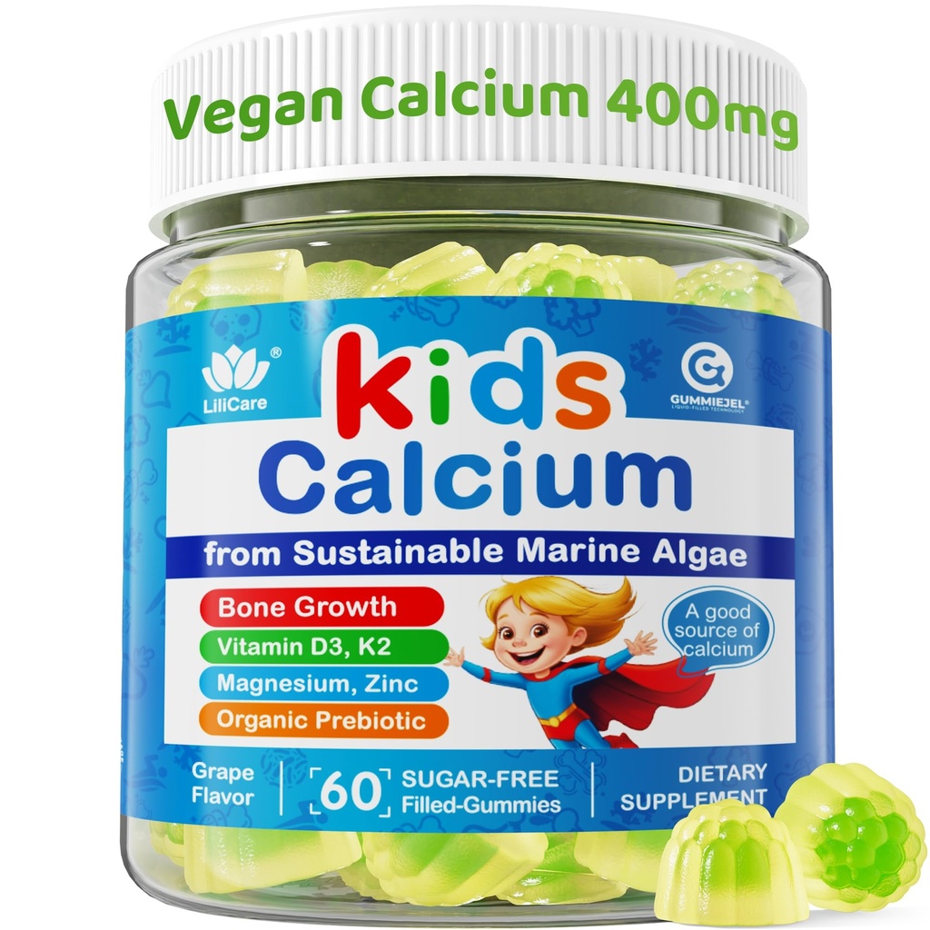 Kinderen Calcium Gummies + Vitamine D3 K2, Magnesium, Zink, Extra Absorptie Algen Calcium Supplement Voor kinderen Zacht tot Maag, Bot, Tanden, Spier, Hersenen, Suikervrije Kauwbare Kinderen Vitaminen 4+, 60 Telt