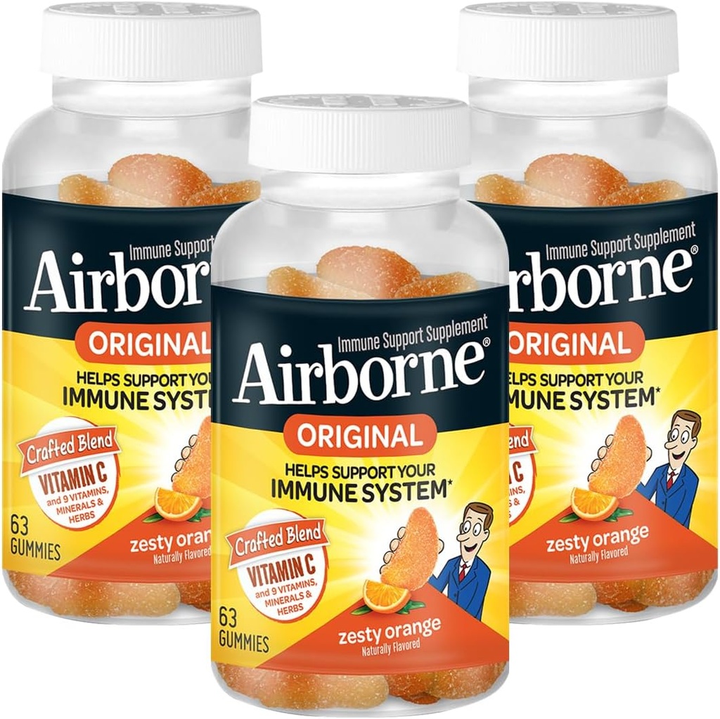 Airborne 750mg Vitamine C Immuun Ondersteuning Supplement Gummies voor volwassenen, Zesty Orange Smaak, Glutenvrij Gemaakt Blend met Krachtige Antioxidanten Vitaminen A C & E, 63 Gummies (3 Pack)