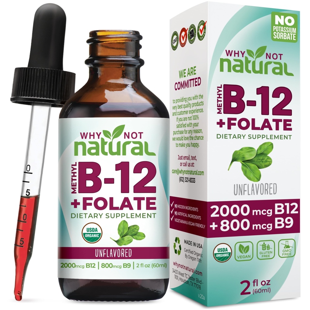 Waarom niet Natuurlijke Vitamine B12 Liquid Plus Folate - Biologische Sublingual Extra Sterkte Vegan Drops - Methylsupplement met Folinic