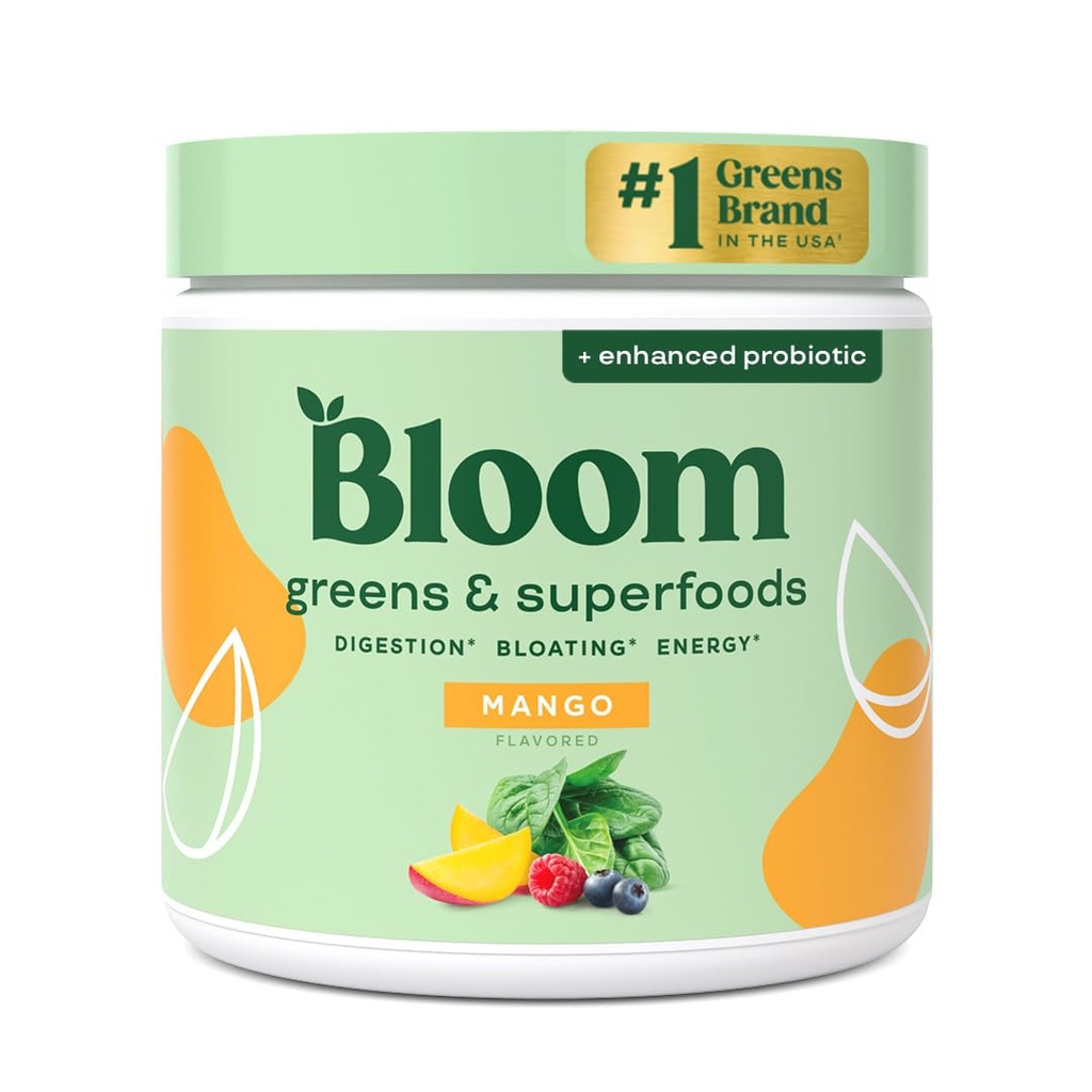 Bloom Nutrition Superfood Greens Powder, Digestieve enzymen met Probiotica en Prebiotica, Gut Health, Bloating Relief for Women, Chlorella, Green Juice Mix met Beet Root Powder, 30 SVG, Mango