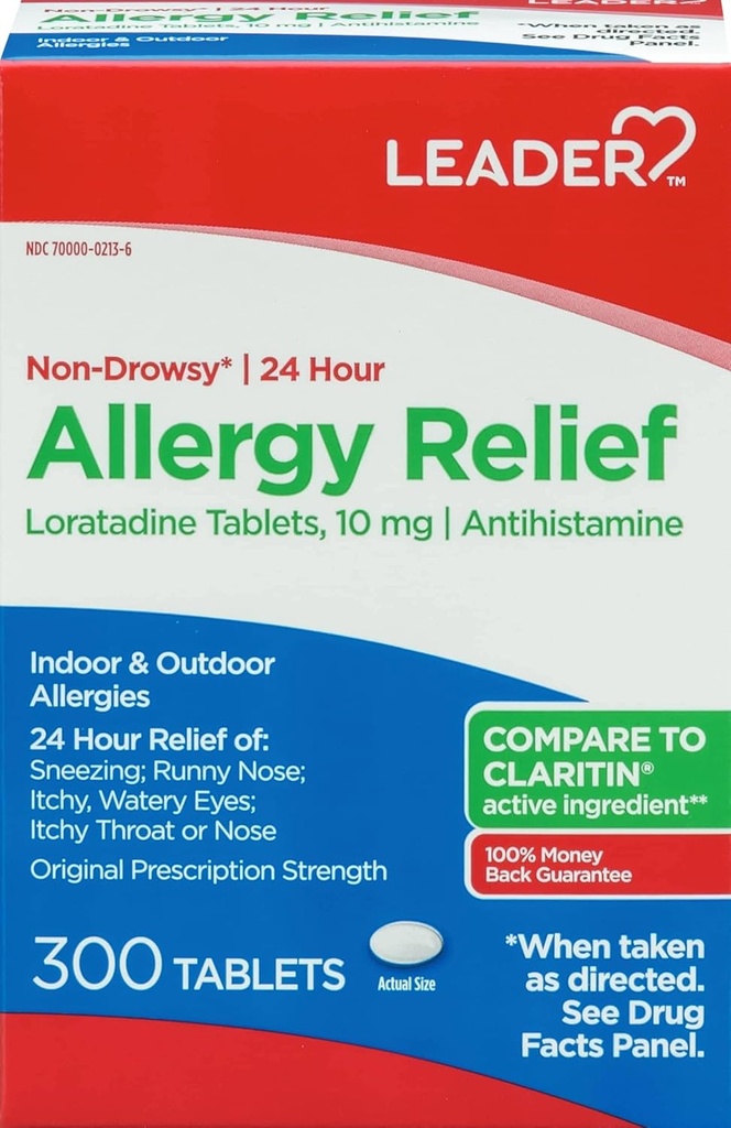 Leider 24 uur Allergie Relief, Non-Drowsy, Loratadine 10mg, Antihistaminica, Originele Sterkte, Sinus Relief, Indoor en Outdoor, Counteract Allergie, 300 tabletten