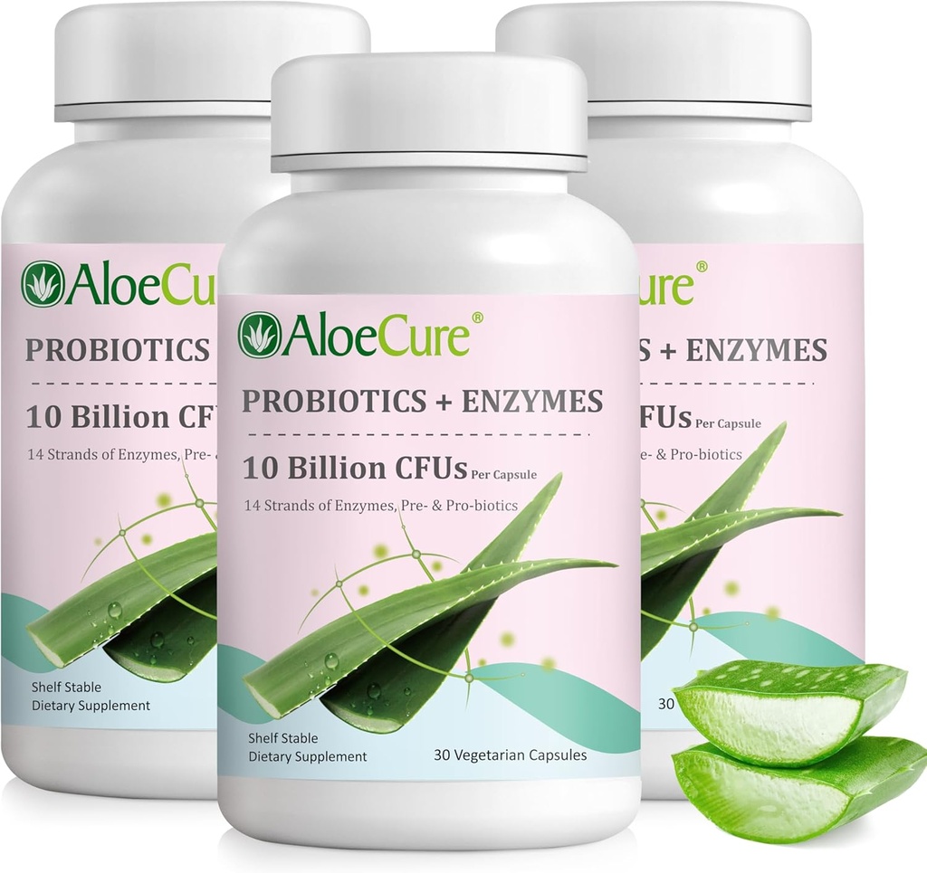 AloeCure Daily Probiotics 10 Billion CFU for Digestive Support 8 Strains, 6 Prebiotics & Enzymes - Digestive Supplement with Bromelain for Women & Men - Gut Support, Digestive Relief, 30 Caps x 3btls