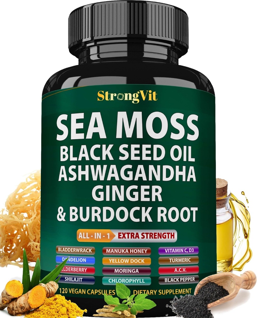 Sea Moss Black Seed Oil Ashwagandha Ginger, Organic Sea Moss Capsules with Burdock Root, Irish Seamoss Pills with Bladderwrack, Turmeric, Shilajit, Multimineral Supplement, USA (120 Capsules)