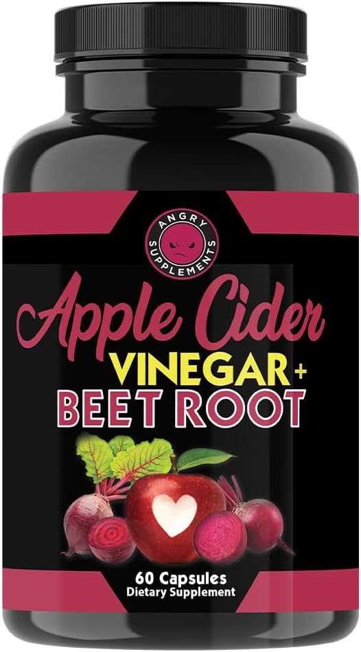 Angry Supplementen Apple Cider Vinegar + Beetwortelpoeder Capsules, Pure ACV Beetwortel 1000mg per Serving, Digestieve Gezondheid voor mannen en vrouwen (60ct, 1-maand levering)
