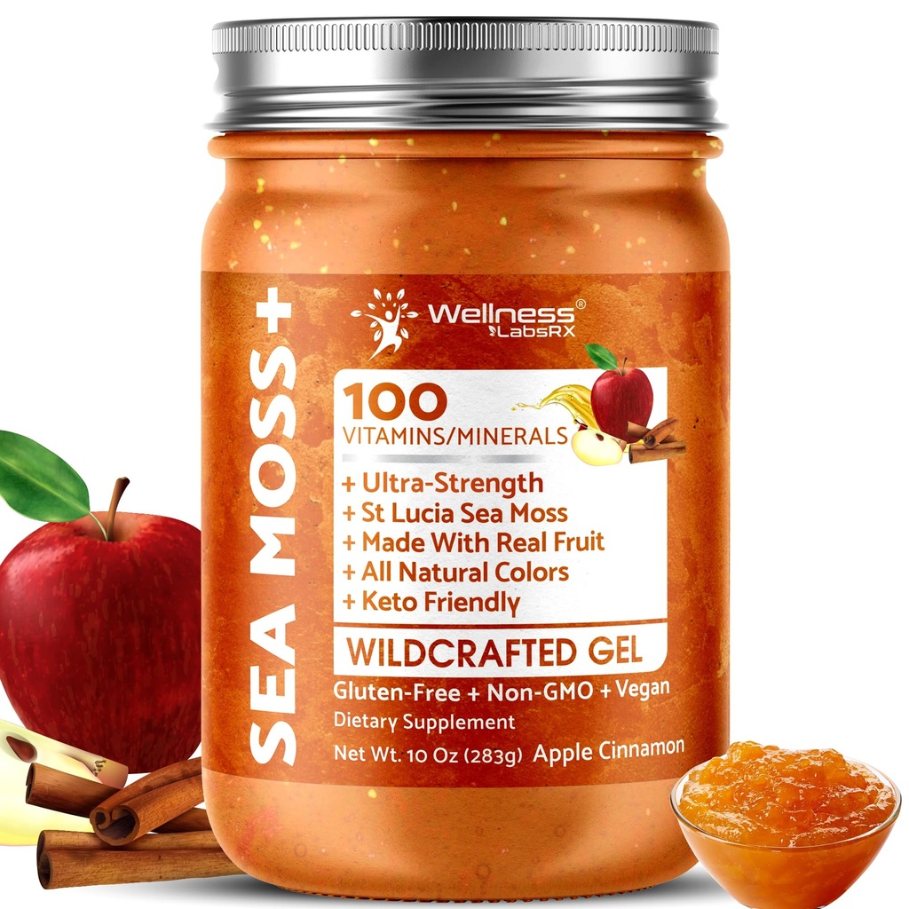 Irish Sea Moss Gel Raw - Wildcrafted Superfood Seamoss Gel - Apple Cinnamon Smaak, Vitamine en Mineraal-Rijk van Pristine Caribbean Waters, Immune en Digestieve Gezondheid Ondersteuning - 10 oz
