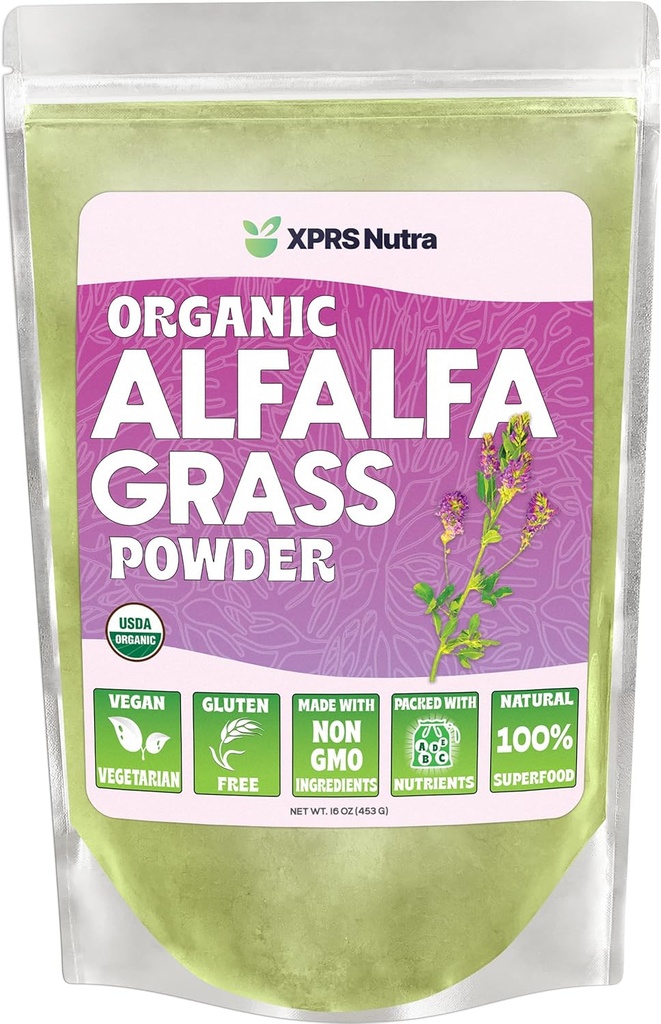XPRS Nutra Organic Alfalfa Powder - Premium Vegan Supplement Rijk aan calcium, antioxidanten, vitamines - Farmer Supplement voor kinderen en volwassenen - Vegan Friendly Alfalfa Leaf (16 Ounce)