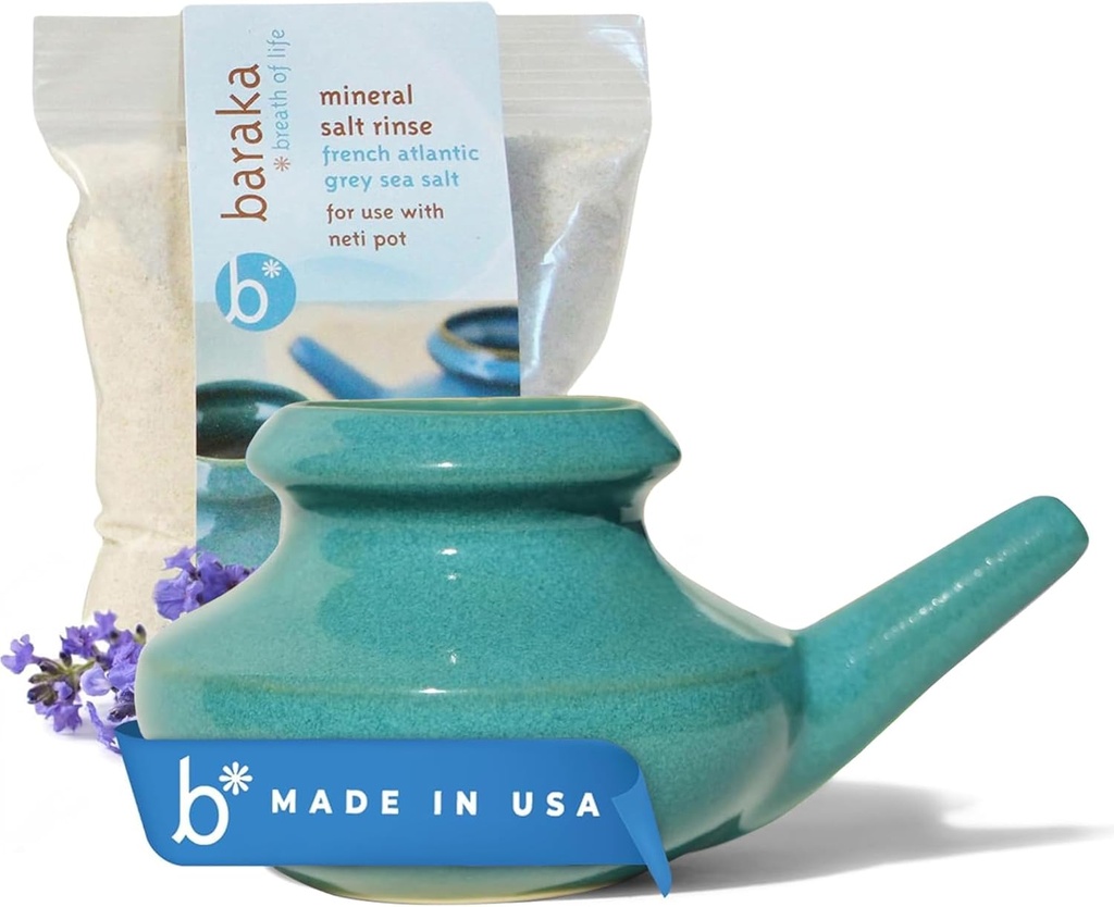Baraka Neti Pot Tool Kit - Snurken & Saline Solution, handgemaakte Keramische afwasmachine Veilig met 2oz Mineraal Zeezout voor neusreiniging & Sinus Rinse Perfect voor Allergie verlichting bij volwassenen & kinderen (Jade)