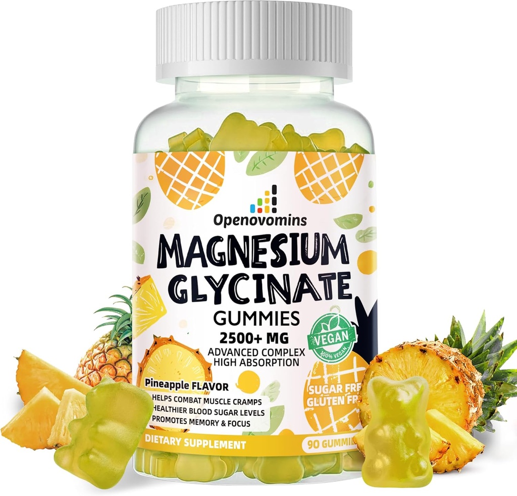 Magnesium Glycinate Gummies 2500mg - Suikervrij Magnesium Kaliumsupplement met Vitamine D, B6, CoQ10 voor Kalm Mood & Slaap Ondersteuning - 90 Ananas Gummies