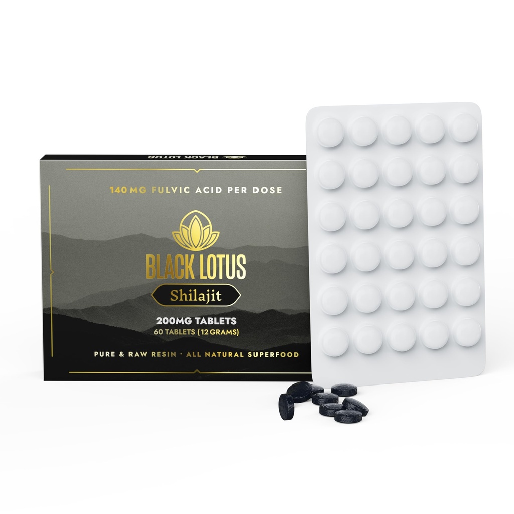 Black Lotus Shilajit Resin Tablets, 60 Count, 200mg Elke, 100% Pure Natural Shilajit voor mannen en vrouwen met aminozuren, 140mg Fulvinezuur, 85 Ionische sporen Mineralen, voor Immune Support, Focus, Energie