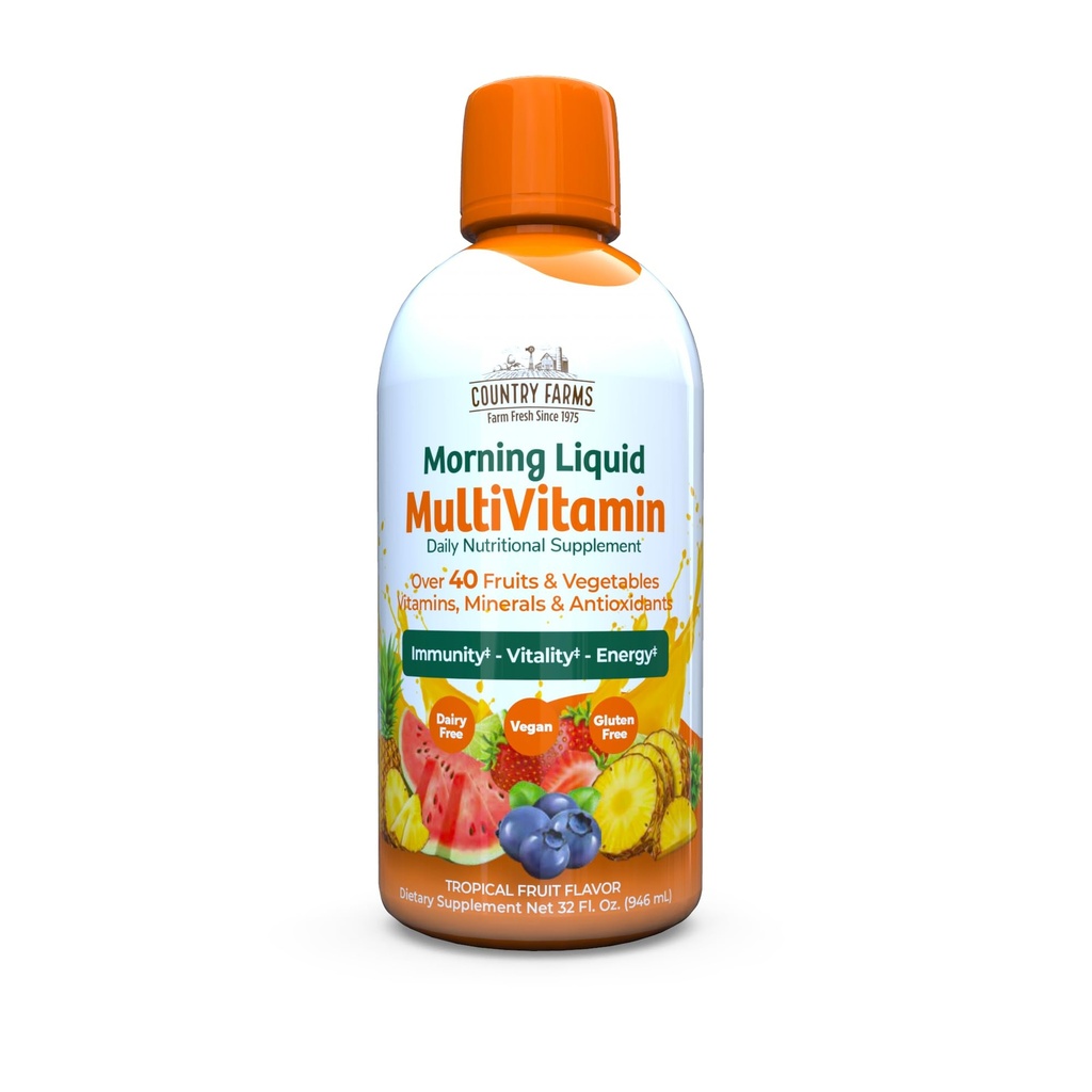 Country Farms Liquid Multivitamine, Vitaminen en Mineralen voor Immune Ondersteuning en Energie, Kruiden Blend, Vegan, Multivitamine voor vrouwen en mannen, Glutenvrij, Tropische Fruit smaak, 32 fl oz