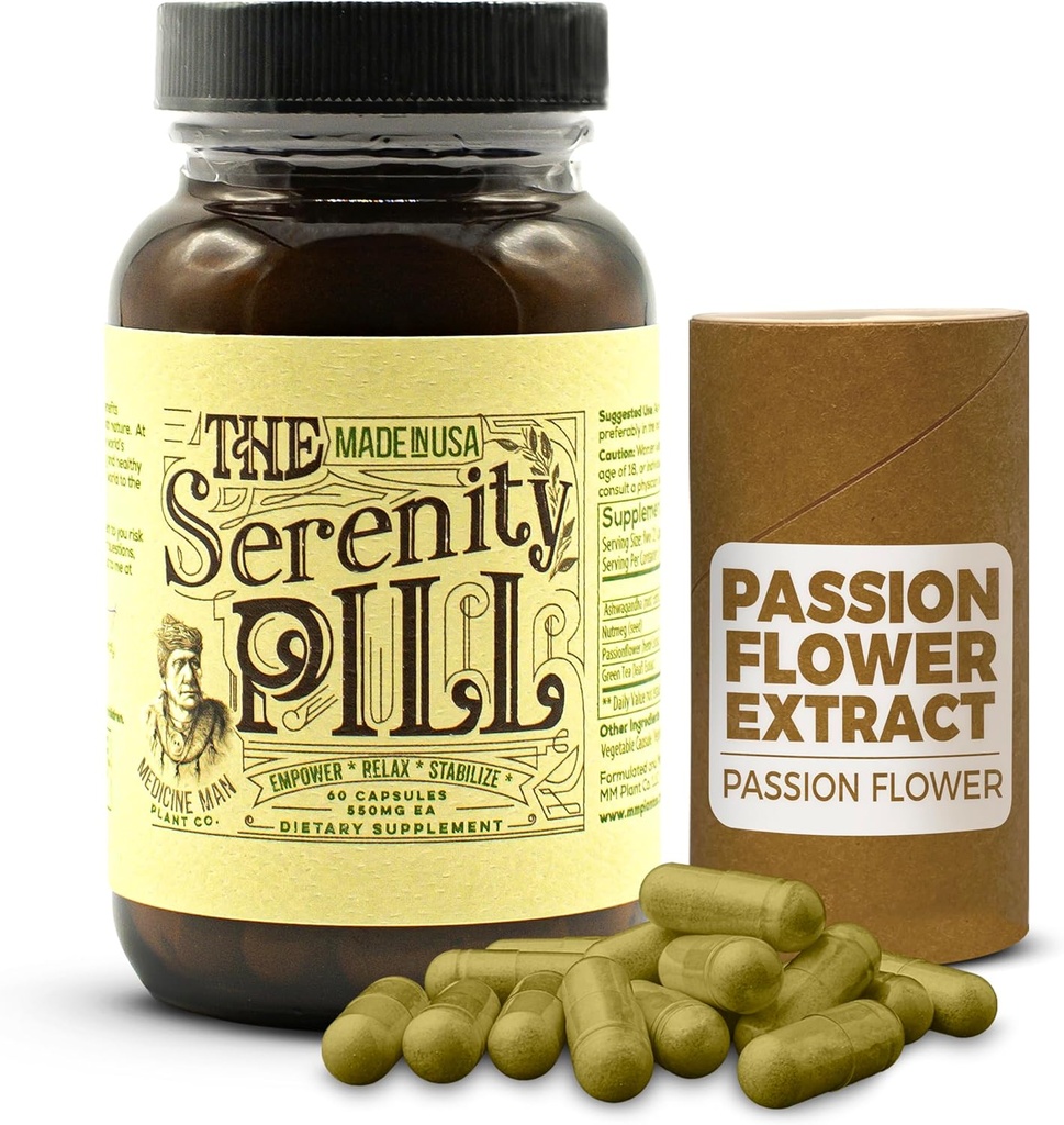 The Serenity Pill 60 Caps - Biologische Mood Pillen & Anti Stress Supplement w/Ashwagandha Root Extract, Passie Bloem Extract, Nutmeg & Green Tea Extract - Natuurlijke passie Bloem Supplement voor Stress